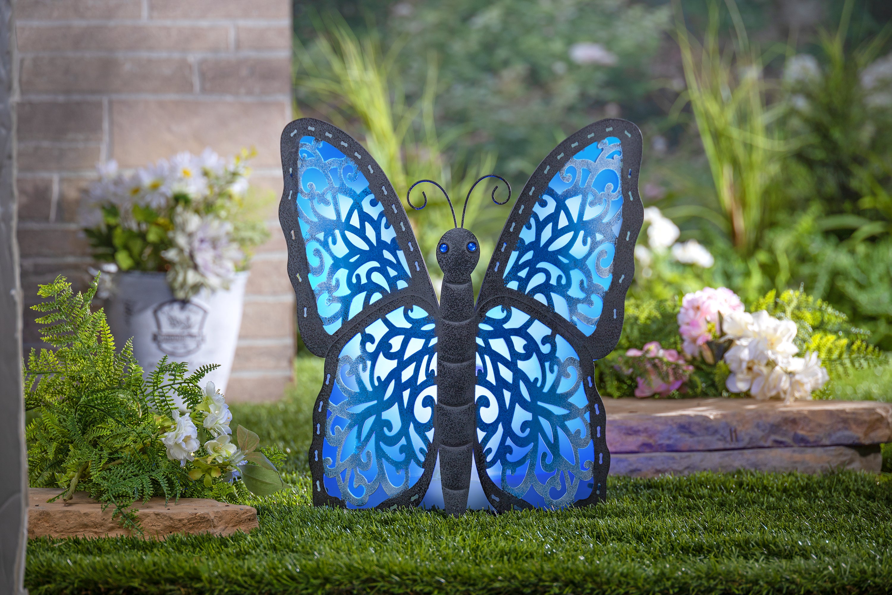 15.55 inch Solar Lighted Dark Grey Metal Butterfly Colorful Accents